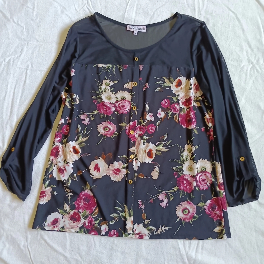 Carol Rose Black Floral Print Long Sleeve Top Sheer Arms Size L Cream Pink Red
